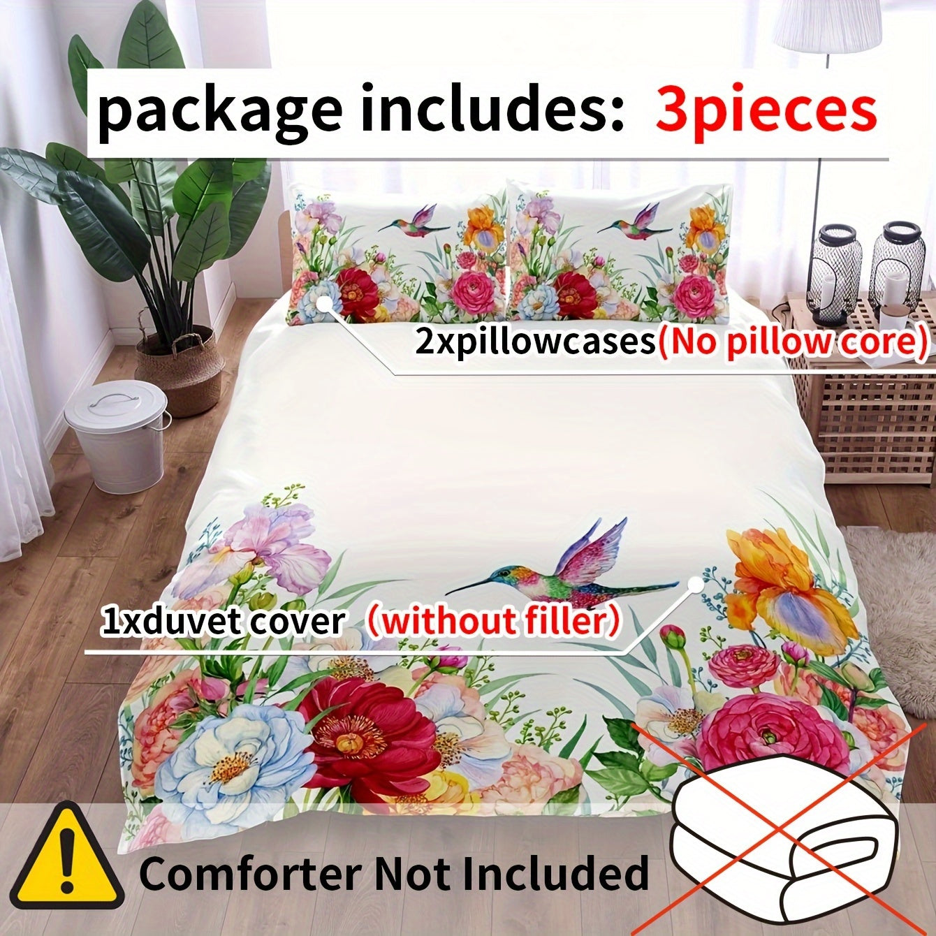 Set of 3 Floral Bird Print Duvet Cover Sets Breathable Bedding for Bedroom or Guest Room