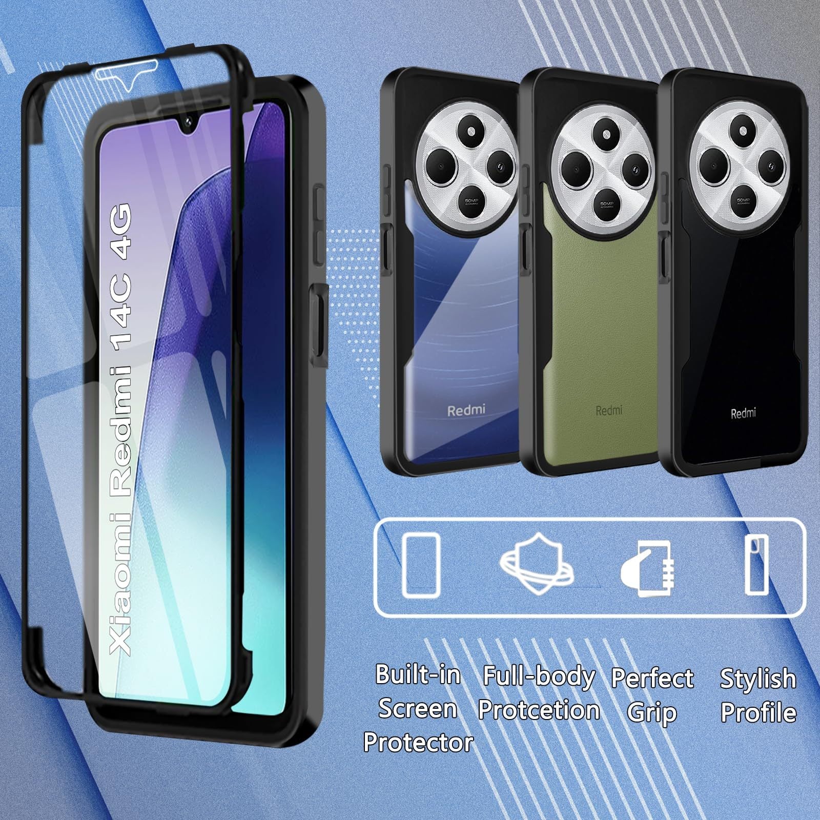 Silicone Phone Case for Xiaomi Redmi 14C Full Screen Protection Card Slot Kickstand 4G 5G