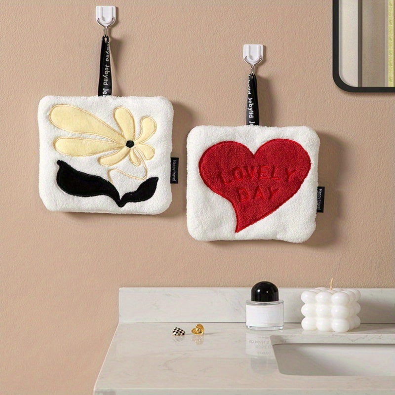 Coral Fleece Hand Towel Set with Heart Flower Pattern Quick Dry Absorbent Kitchen Bathroom