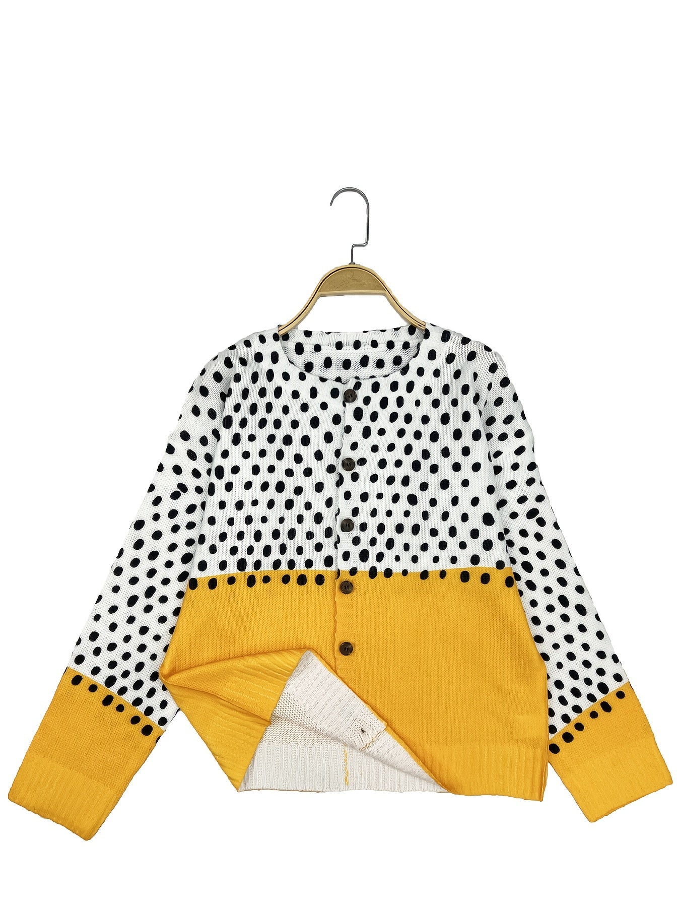Plus-Size Women's Lightweight Cardigan Long Sleeve Polka Dots Yellow Black