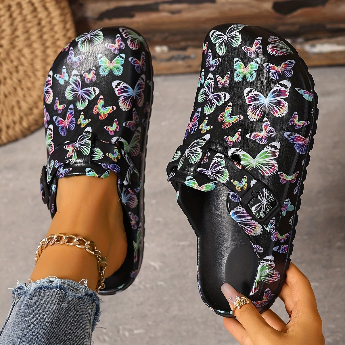 Women's EVA Sandals with Adjustable Straps Butterfly Print Breathable Flat Shoes