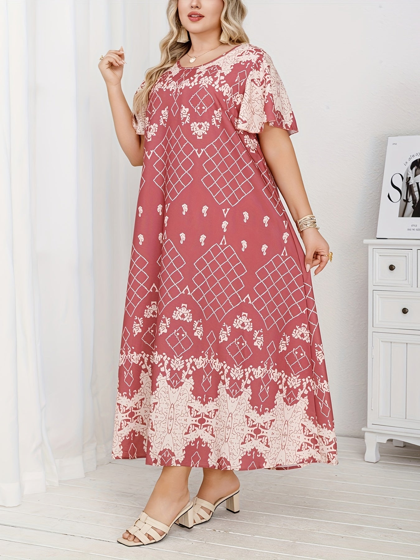 Plus Size Woven Polyester Blend Tunic Dress Crew Neck All-Season Middle Eastern Style