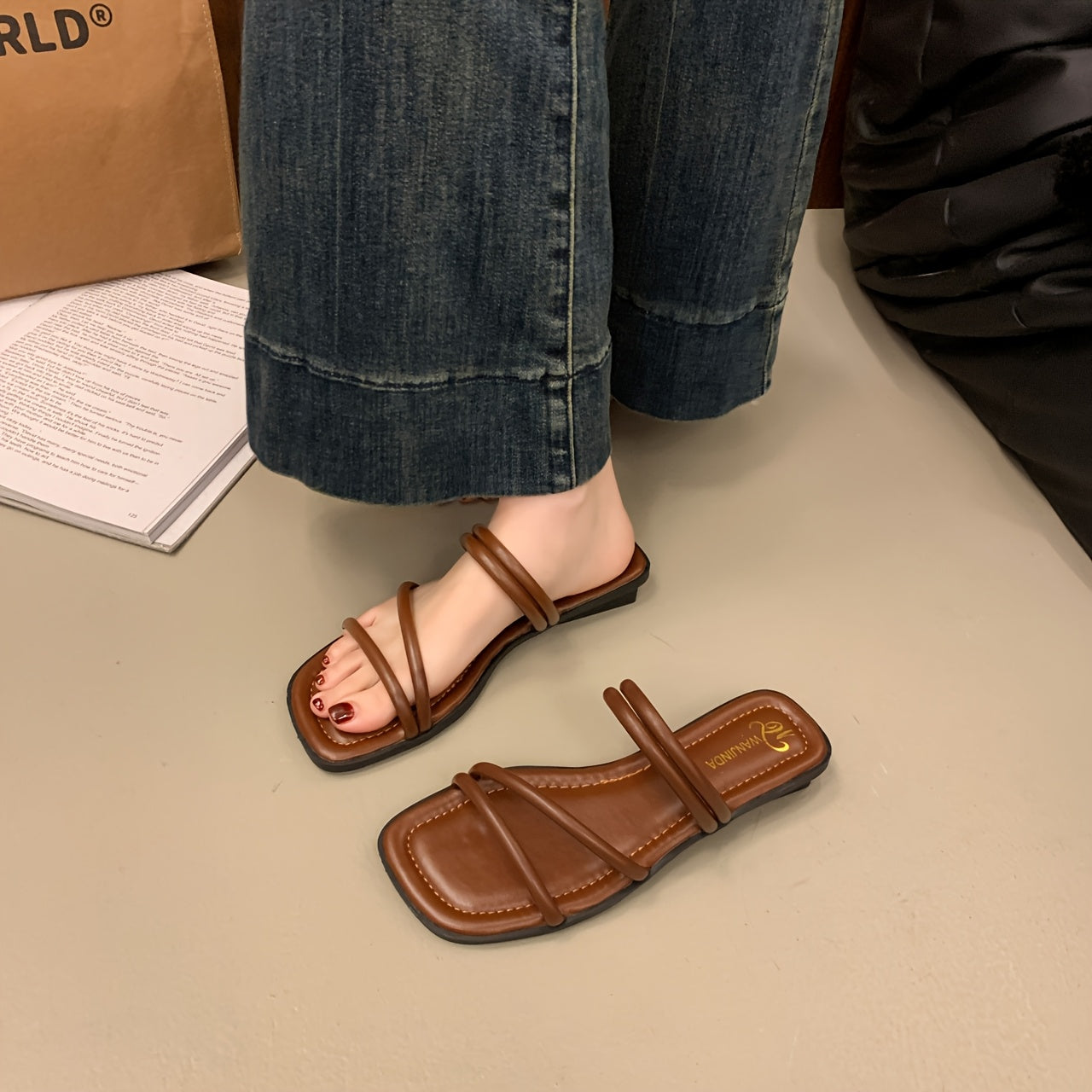 Women's Slip-On Backstrap Sandals Faux Cover Open-Toe Summer Slippers Black White Brown