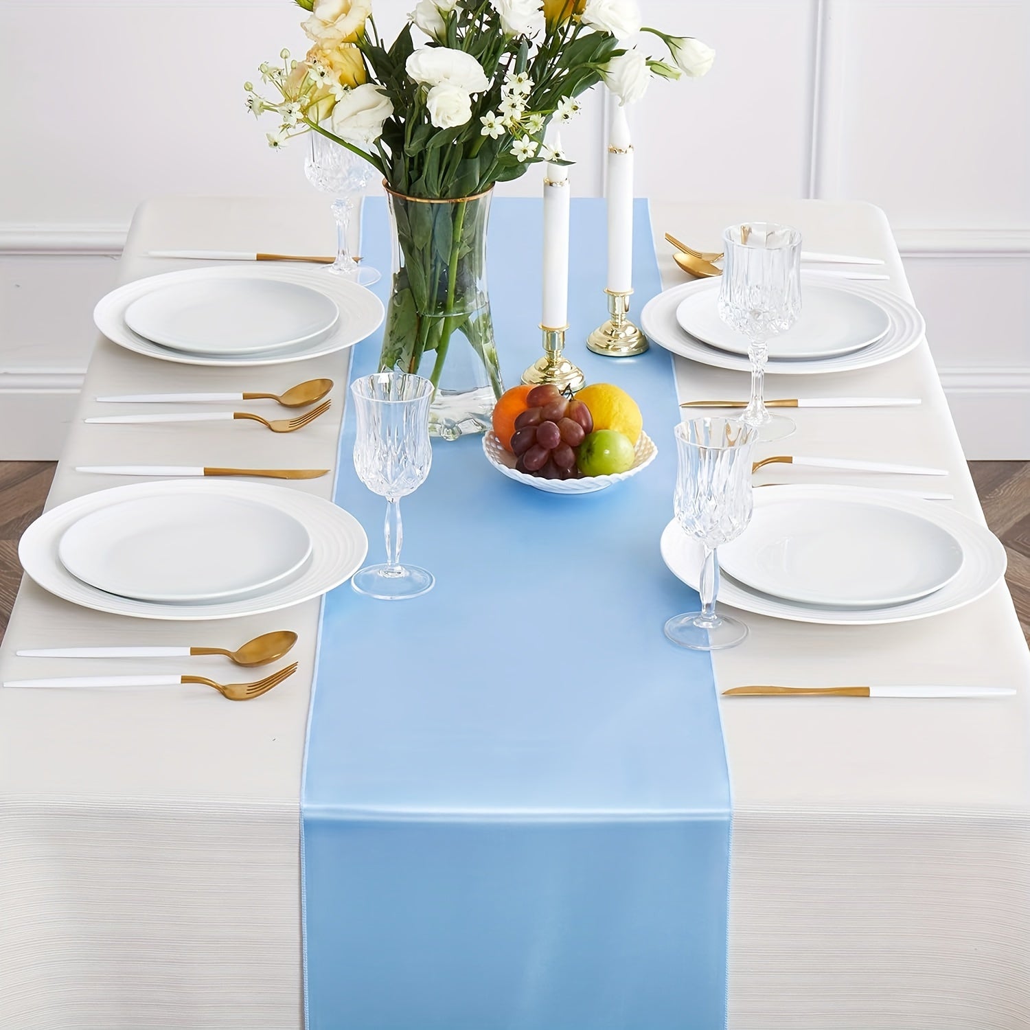 Light Blue Satin Table Runner 30.48 x 274.32 cm for Weddings and Formal Events