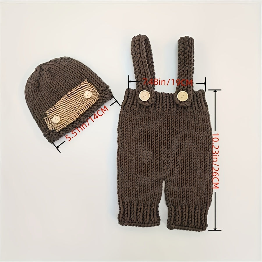 Kids Photography Costume Set with Crochet Button Hat and Overalls