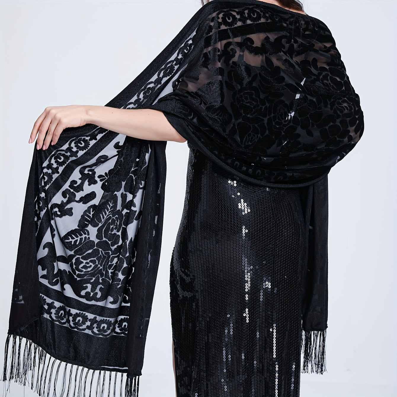 Black Floral Lace Shawl with Tassels and Rose Pattern for Evening Events