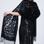 Black Floral Lace Shawl with Tassels and Rose Pattern for Evening Events