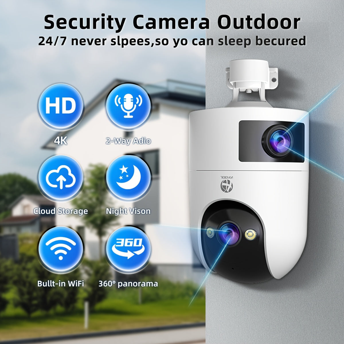 Wireless Security Camera 4K HD Night Vision Auto-Tracking Indoor Outdoor WiFi