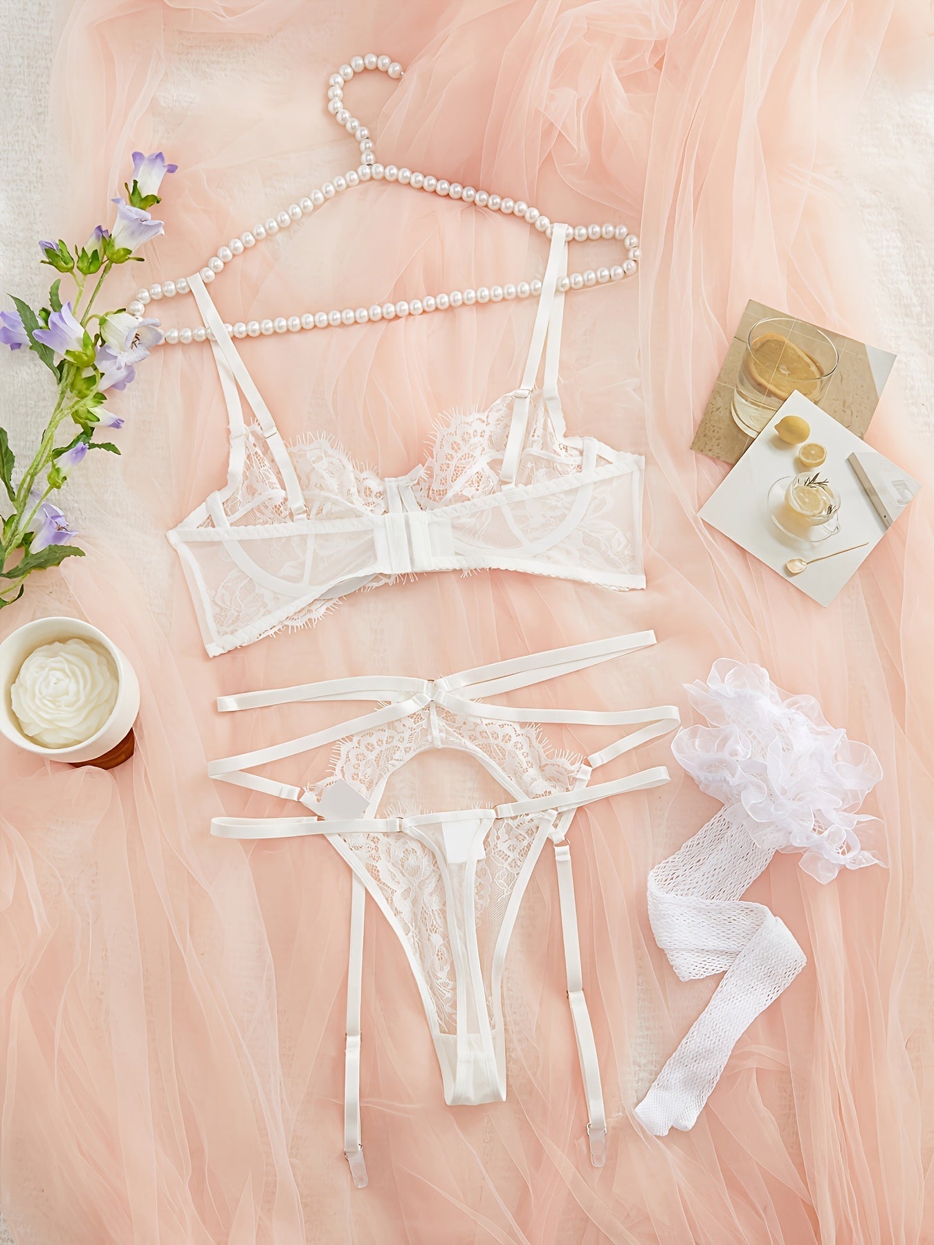 Women's Floral Lace Lingerie Set Bra Thong Garter Belt Stockings