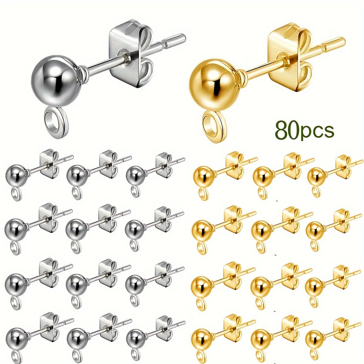 80 Pcs Jewelry Findings Set with Ball and Column Earrings and Butterfly Backs for DIY Jewelry Making in Silver and Gold