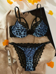 Leopard Print Lace Lingerie Set Includes Push-Up Bra and Matching Panties Black Polyester Spandex