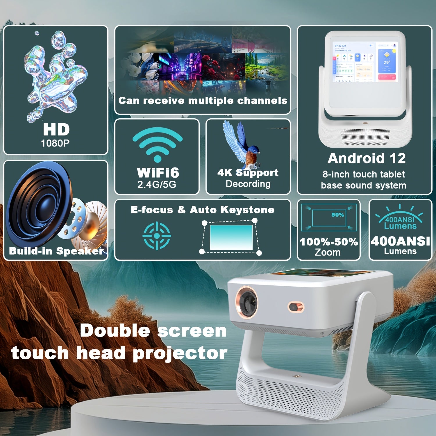 Portable 1080P 4K Projector with Touch Screen WiFi 6 Home Theater