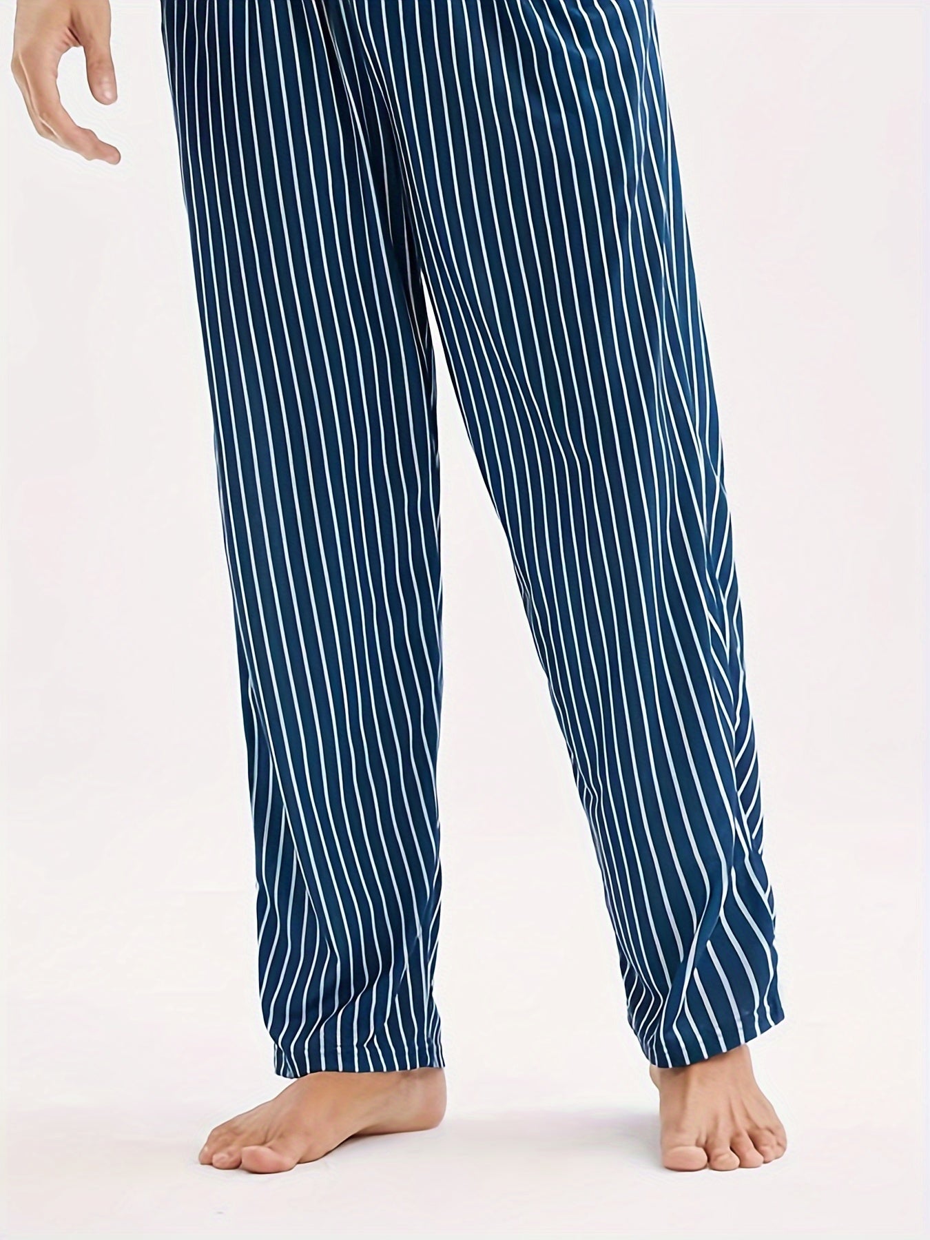 Men's Casual Short Sleeve Pajama Set with Striped Pants Made of Polyester Knit Fabric