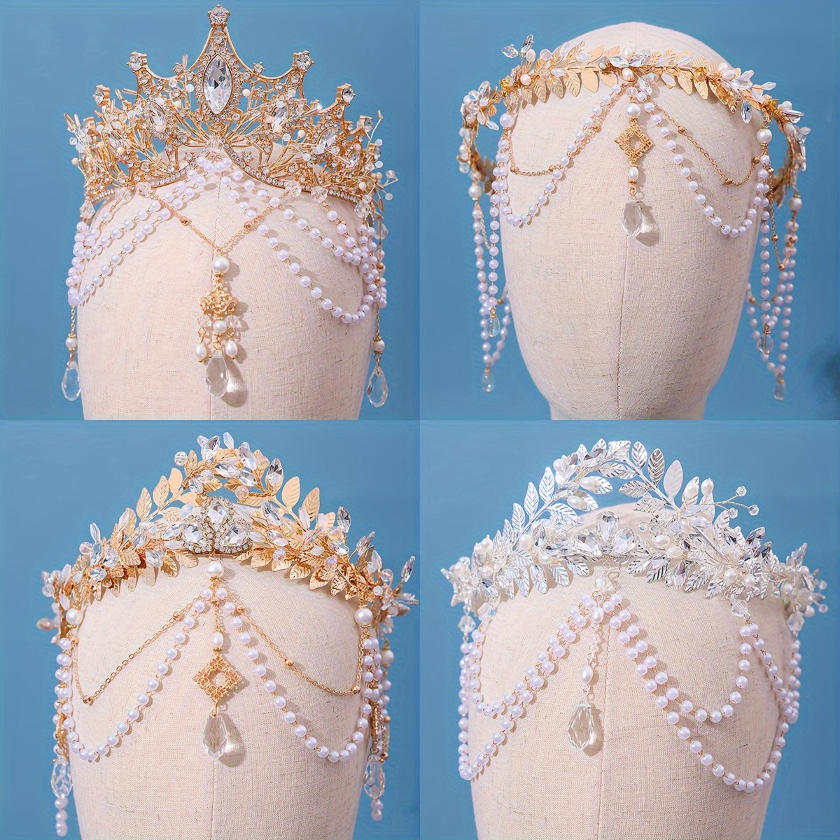Handmade Rhinestone Crown with Beads and Faux Pearl Pendant for Wedding Hair Accessories