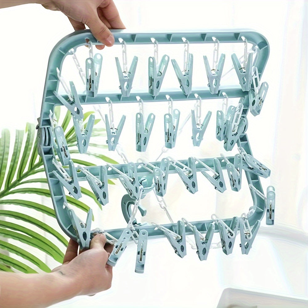 Foldable Clothes Organizer with 32 Clips for Socks and Underwear in Pink Blue Green