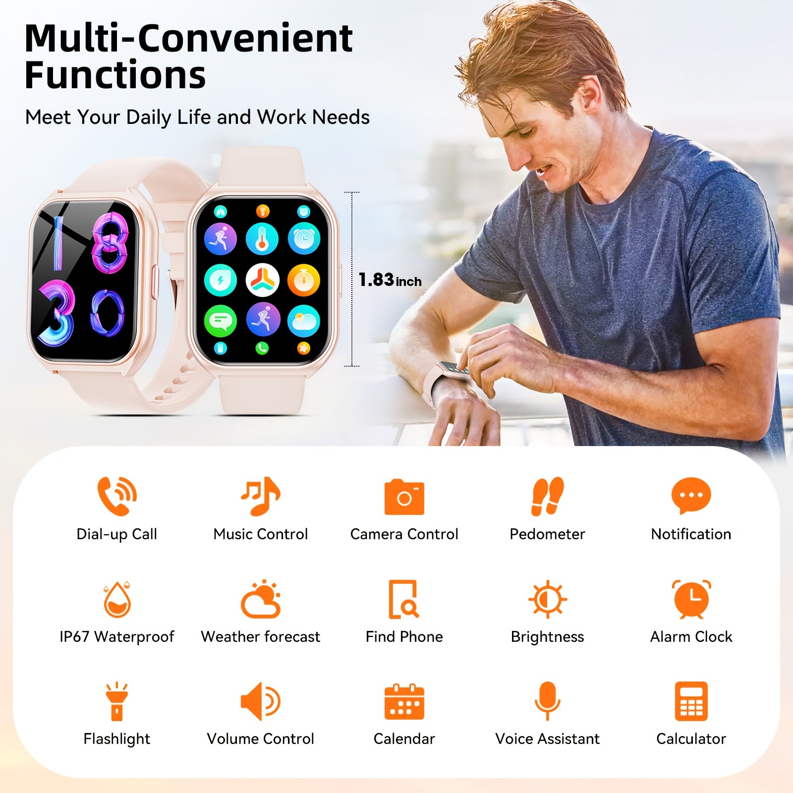 HD 1.83 Inch Touch Screen Smartwatch for Men Women Waterproof IP67 Fitness Tracker with Calls and Sports Modes