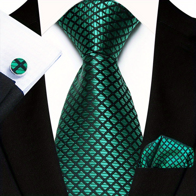 Men's Floral Plaid Necktie and Handkerchief Clip Set for Business and Weddings