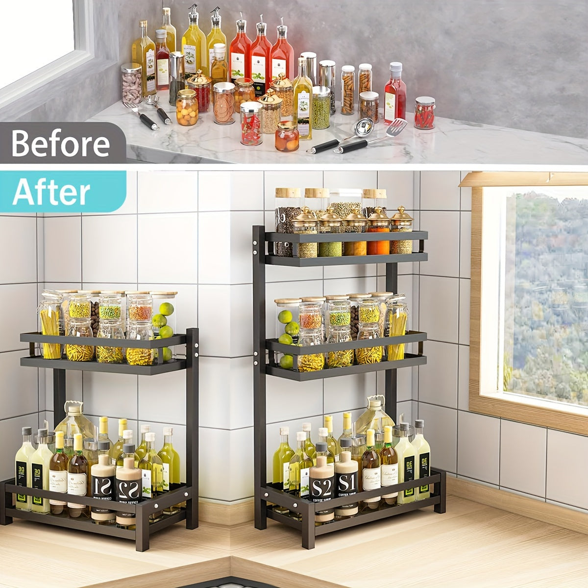Black Stainless Steel Countertop Spice Rack with 3 Tiers for Jars and Bottles