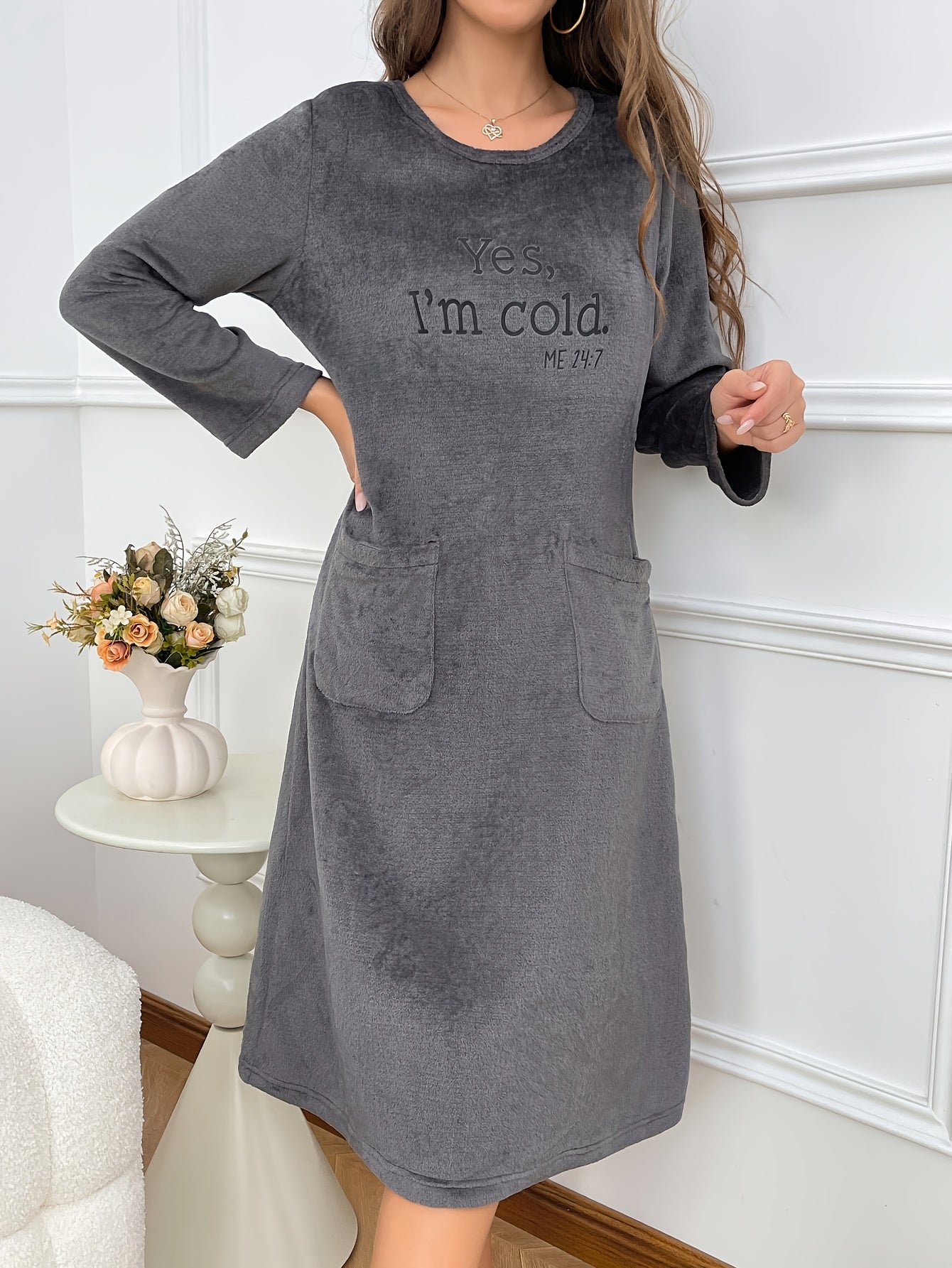 Women's Plus Size Long Sleeve Night Dress Polyester Knit Fall Winter Lounge Wear