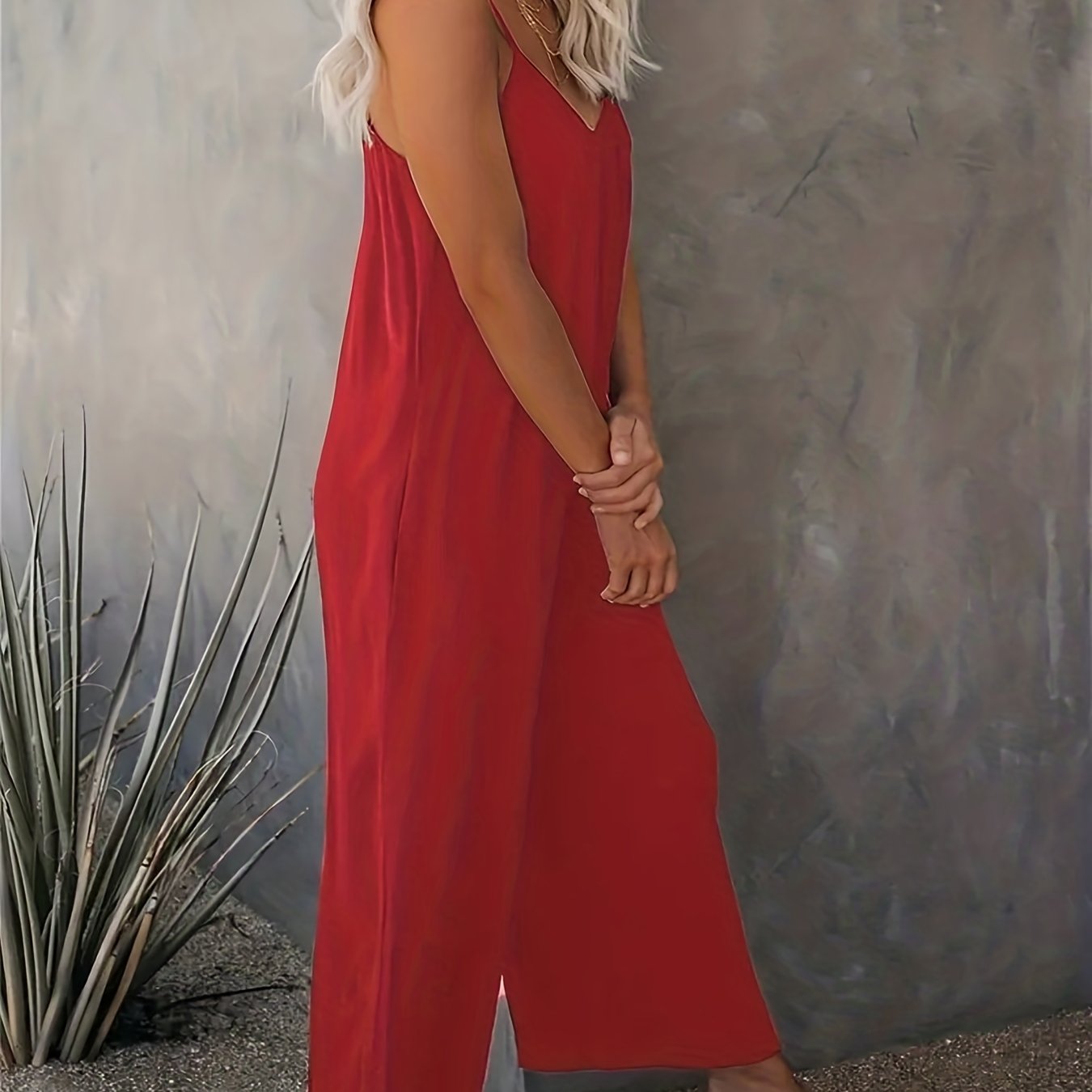 Plus Size Women Solid V Neck Wide Leg Summer Cami Jumpsuit