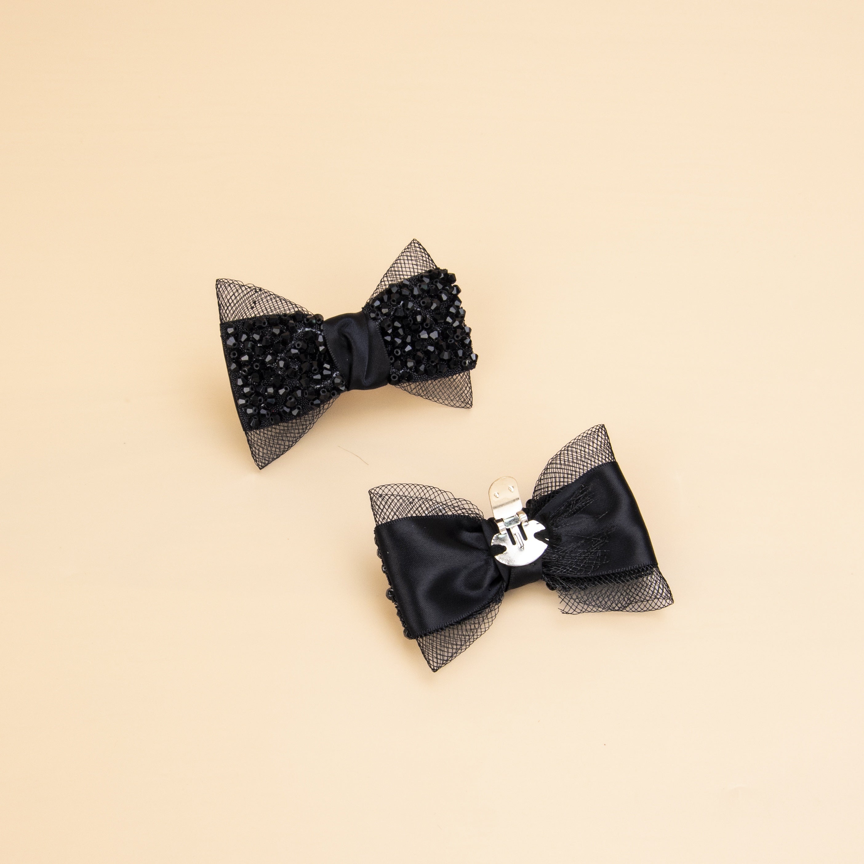 Black Bow Shoe Clips Pack Beaded Nylon Elastic Formal Accessories