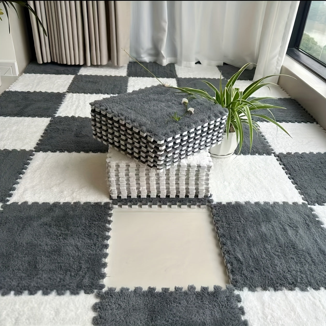 Juego de 24 alfombrillas de felpa floral entrelazadas de forma cuadrada para salón y dormitorio