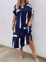 Plus Size Abstract Print V-Neck Woven Polyester Tunic Dress All Seasons