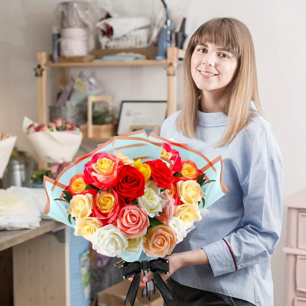 Assorted Flower Wrapping Paper Set with Gold Border and Korean Mesh for Bouquets and Gifts