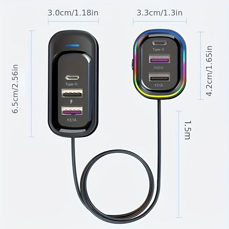 Car 6-Port Fast Charger Extension Cable With Type-C USB and Anti-slip Clamp