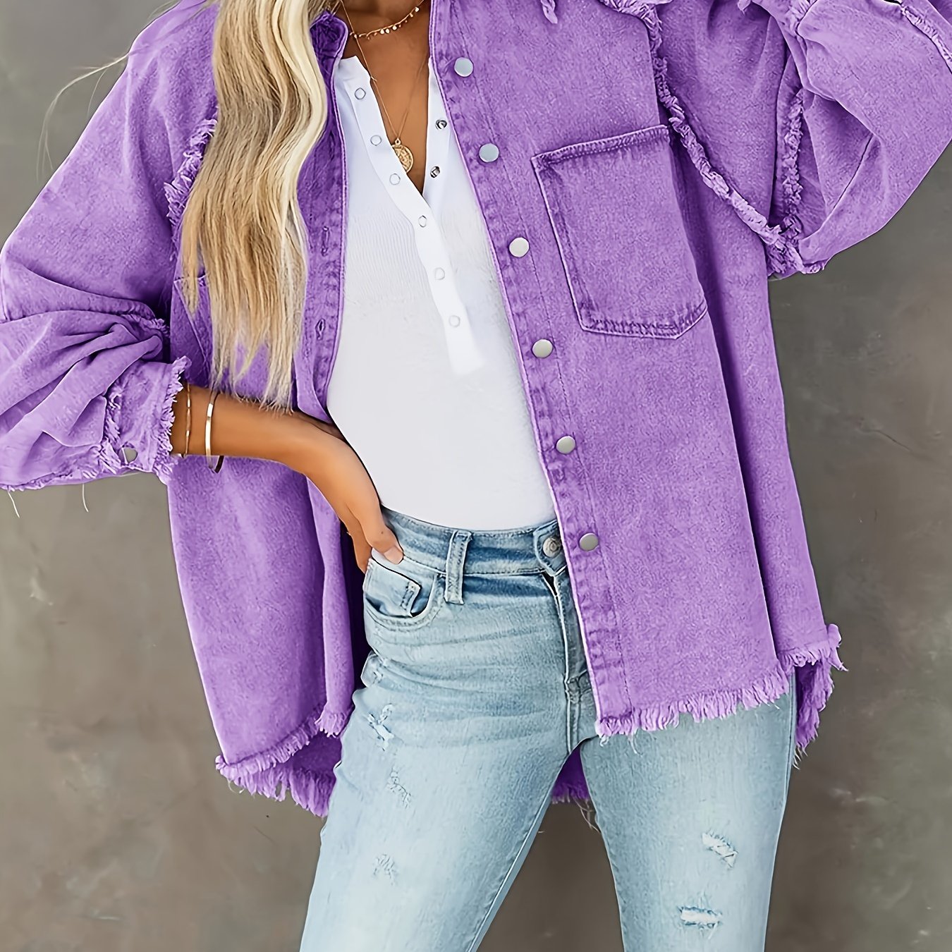 Plus Size Women's Denim Jacket Orange Oversized Frayed Hem Ripped Details Fall Winter