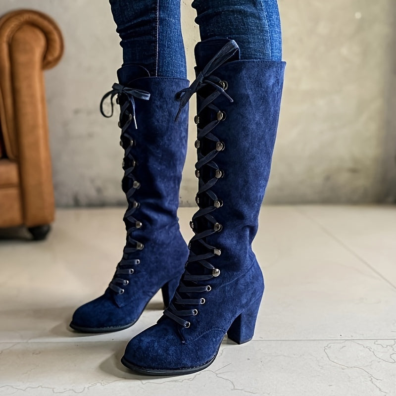 Women's Solid Color Chunky Heel Boots Lace-Up Knee High Shoes