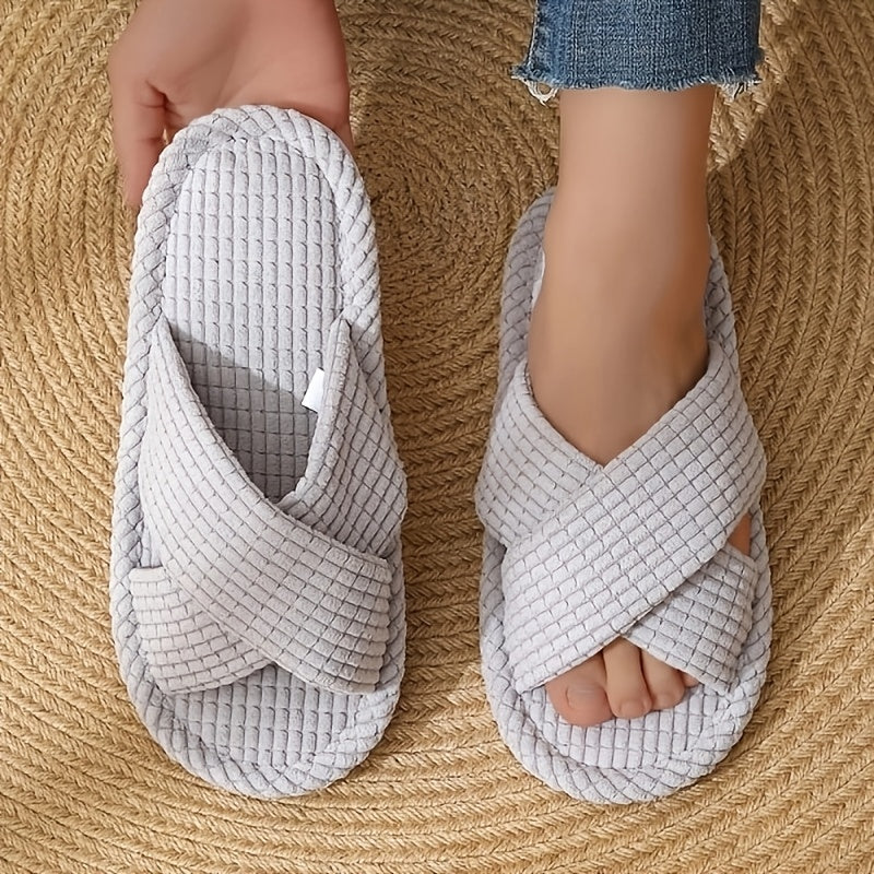 Ayollar uchun pushti vafli toʻqilgan slip-on shlyapki, xoch strap bilan, yotoqxona va hammom uchun