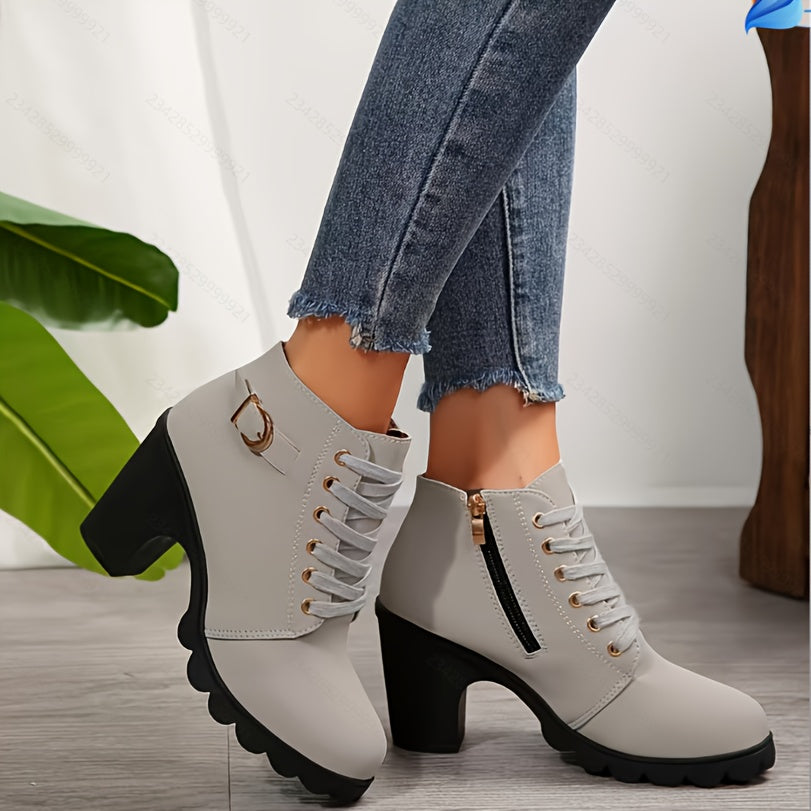 Women Chunky Heel Ankle Boots Faux Cover Zipper Comfortable All-Season