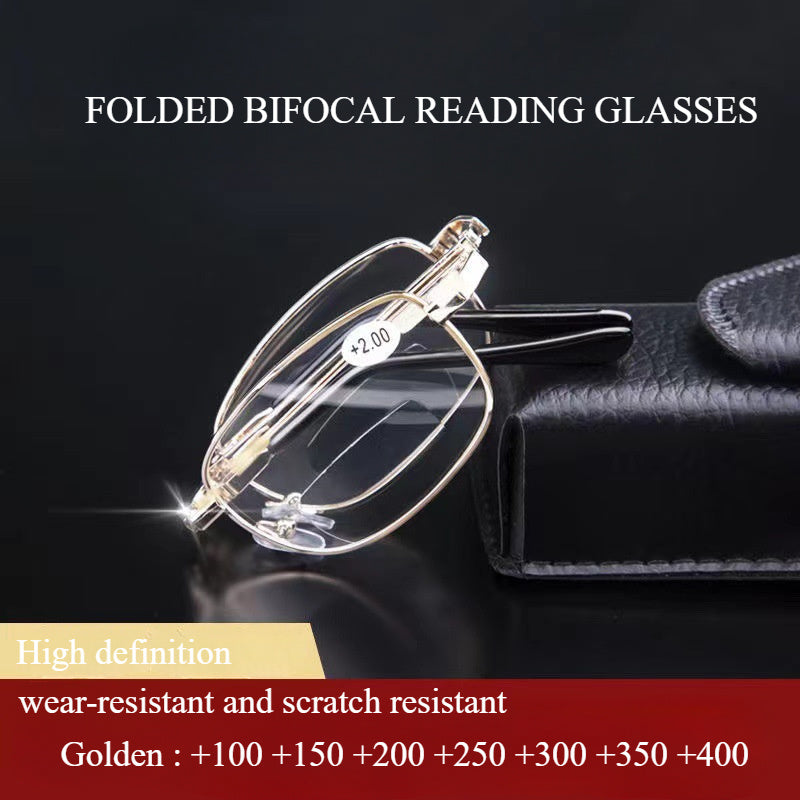 Foldable Gold Dual Light Reading Glasses with Bifocal Lenses in Metal Frame