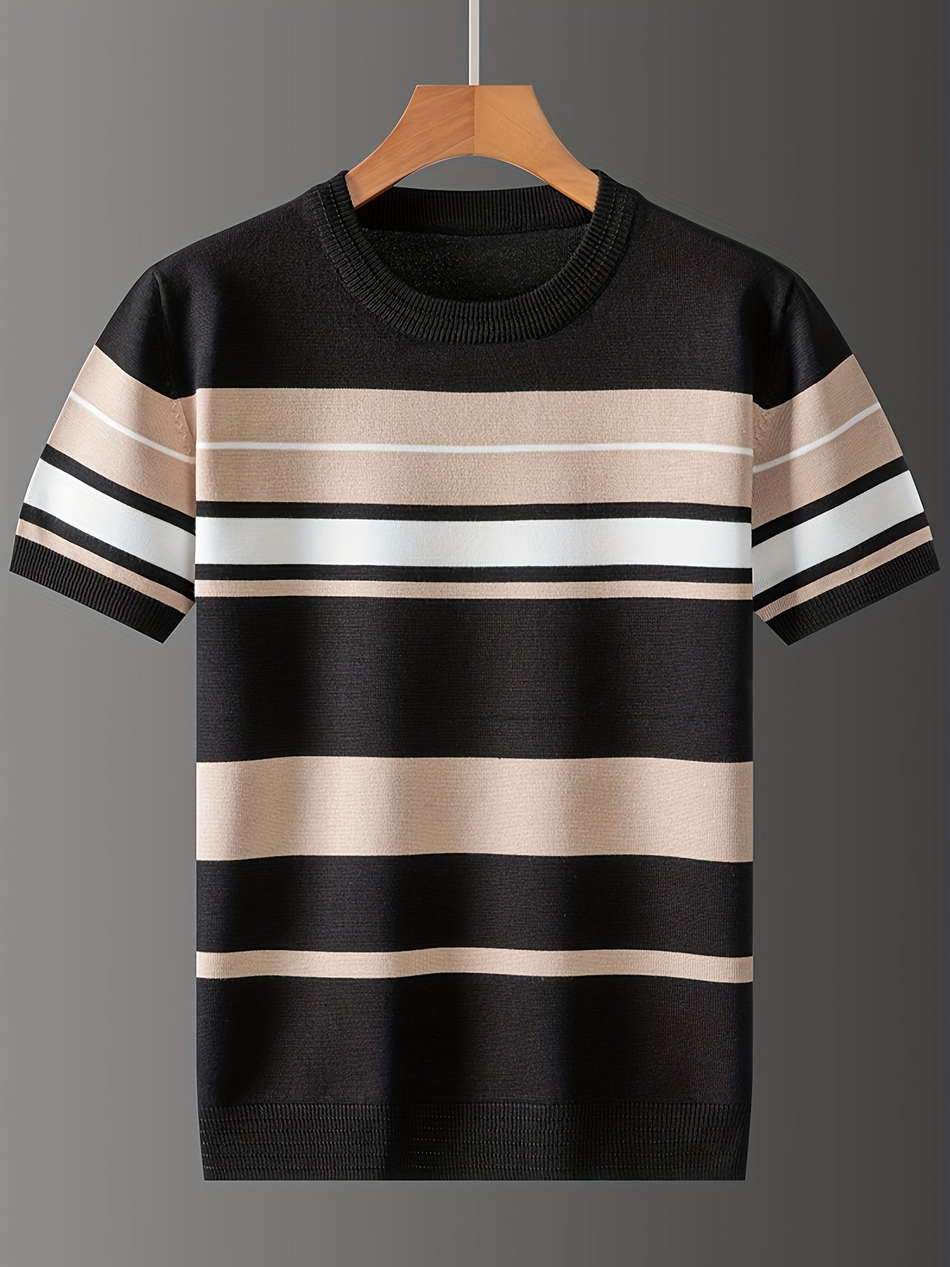 Men's Striped Crew Neck Sweater with Medium Stretch for Spring Fall