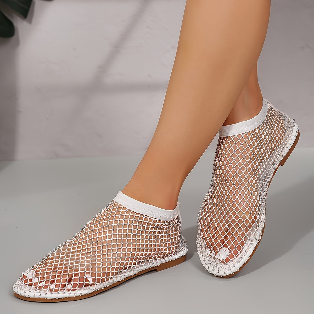 Women's Rhinestone Mesh Flat Shoes with Crystal Embellishments and Rubber Sole