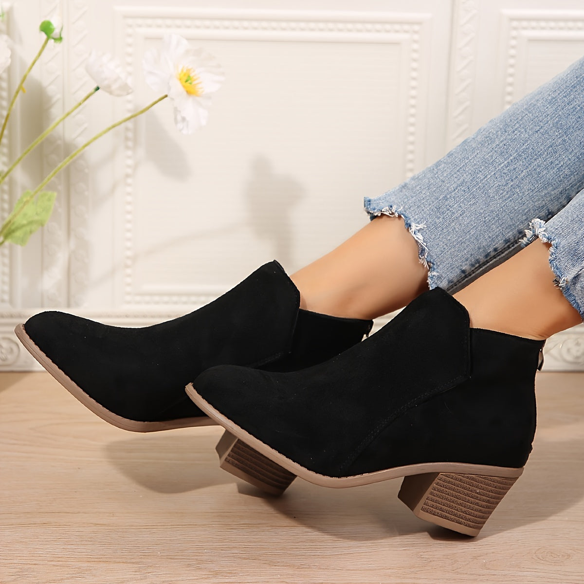 Women's Suedette Ankle Boots with Chunky Heel and Pointed Toe