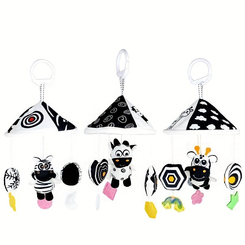 Baby Toy Car Hanging from Stroller with Black and White Animal Wind Chimes and Umbrella Bed Bell