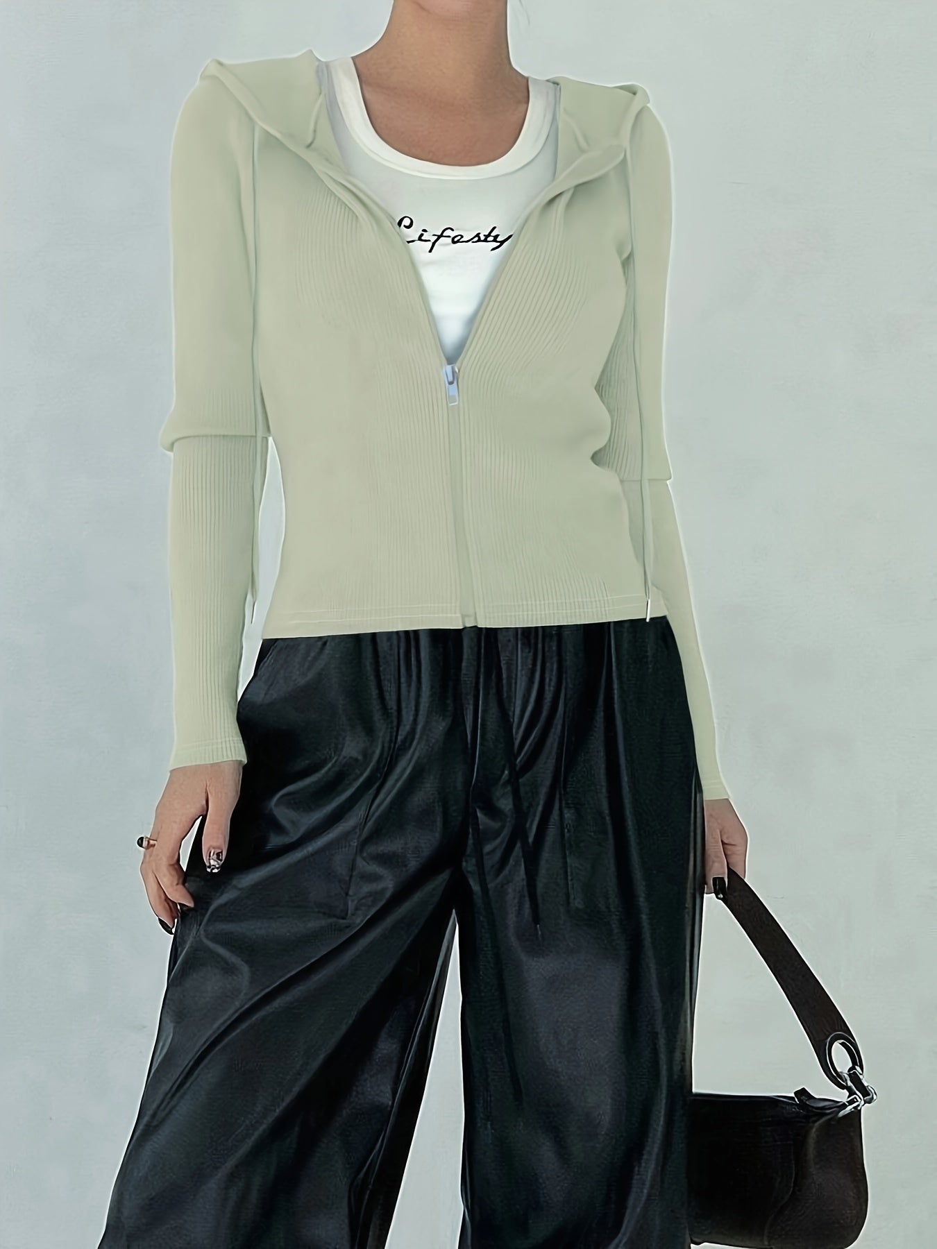 Women's Slim Fit Hooded Jacket with Ribbed Knit Drawstrings and Zipper for Fall Winter