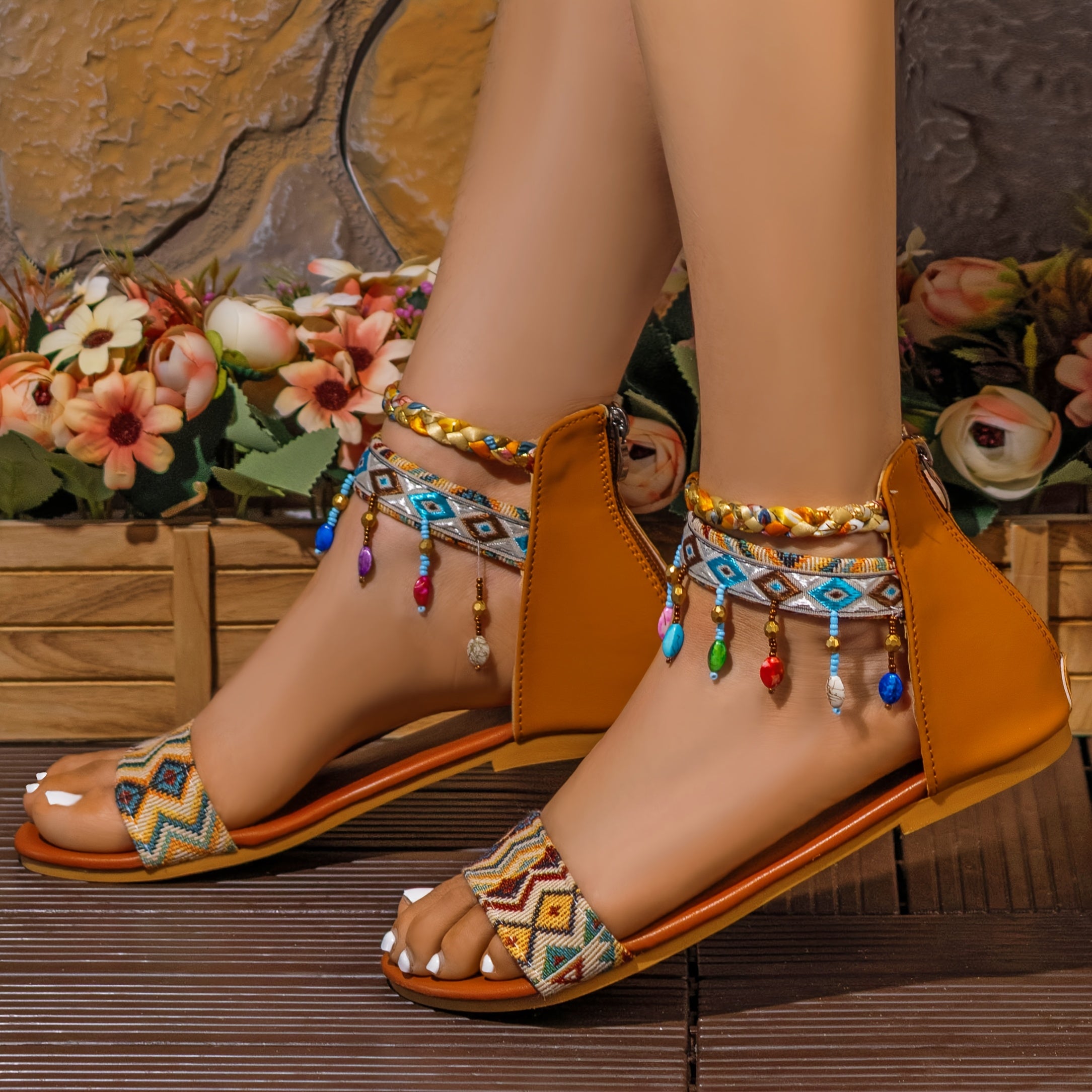 Women's Bohemian Beaded Flat Sandals with Ankle Straps Open Toe