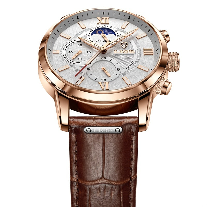 Men's Leather Casual Quartz Sport Watch Black 42mm