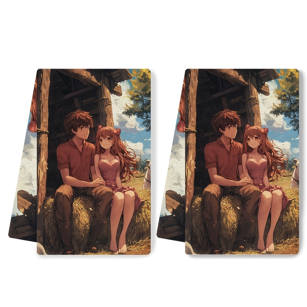 Set of 2 Ultra-Soft Kitchen Towels Anime Couple Heart Hay Bale Farm Absorbent 40x60 cm