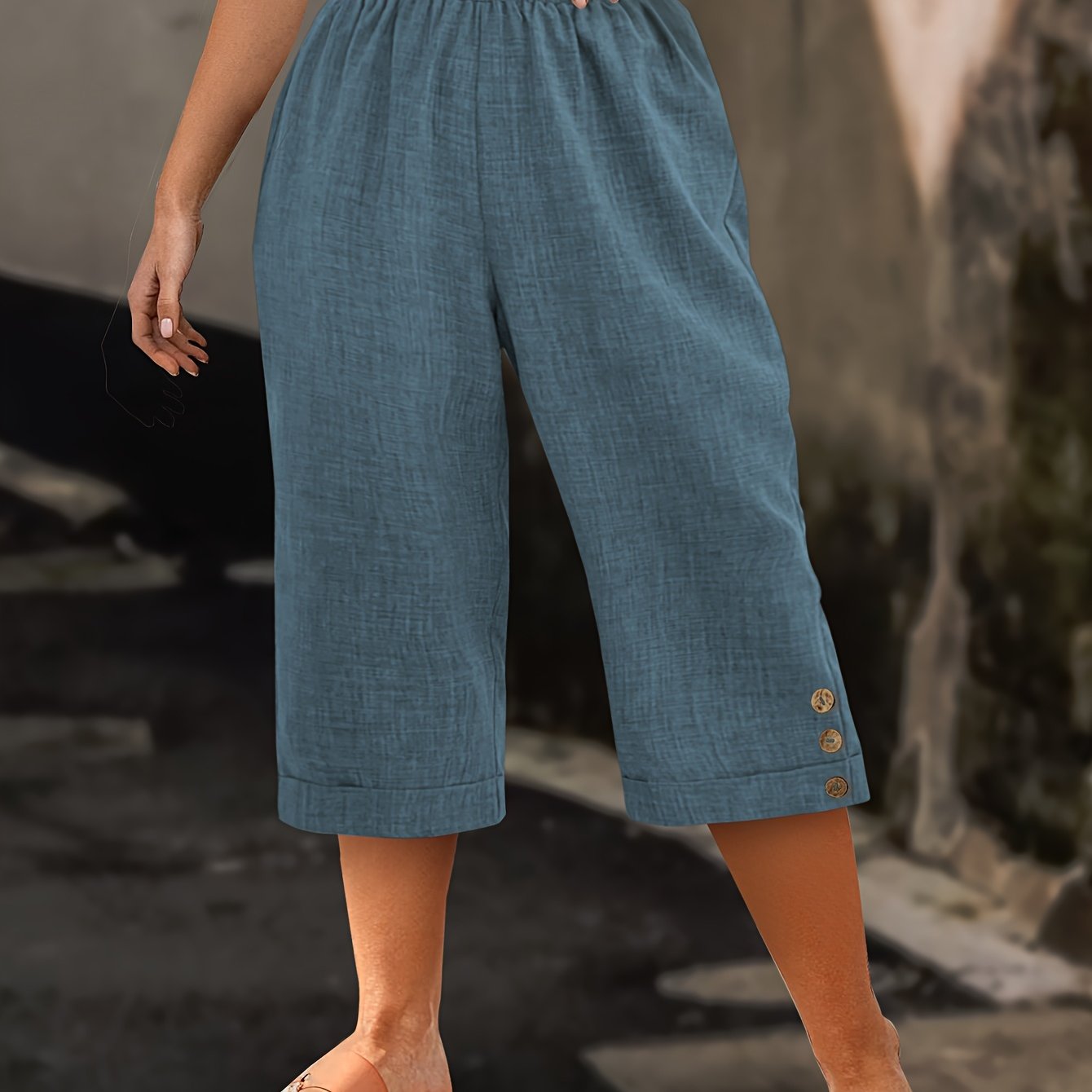 Women Plus Size Olive Green Bermuda Shorts Summer Casual Flat-Fold Button Details