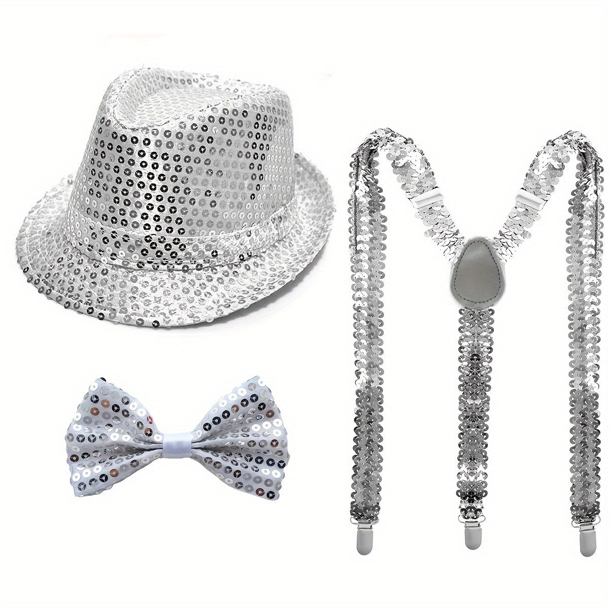Set of Three Disco Sequin Fedora Hats for 70s Retro Party Costume Accessories