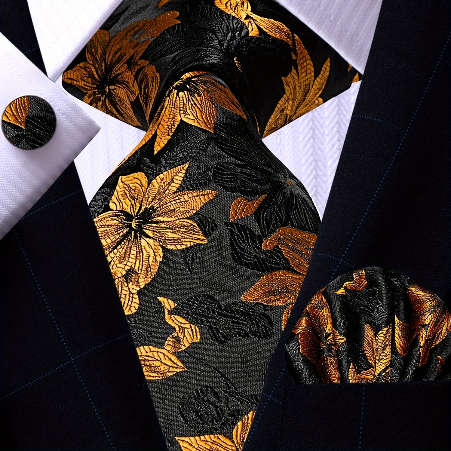 Men's Gold Accessories Set Tie Pocket Square Cufflinks for Weddings Business