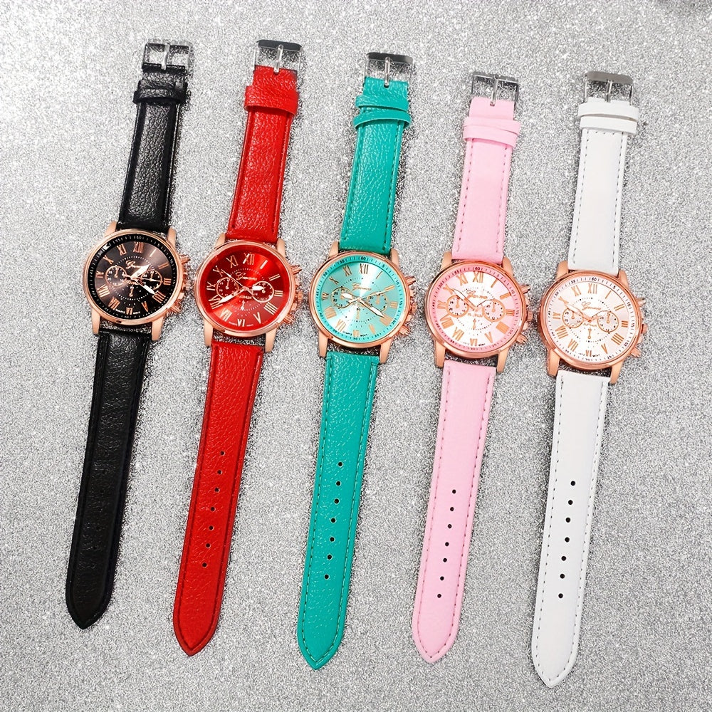 Set de 6 relojes de cuarzo para mujer con correas de cuero y números romanos