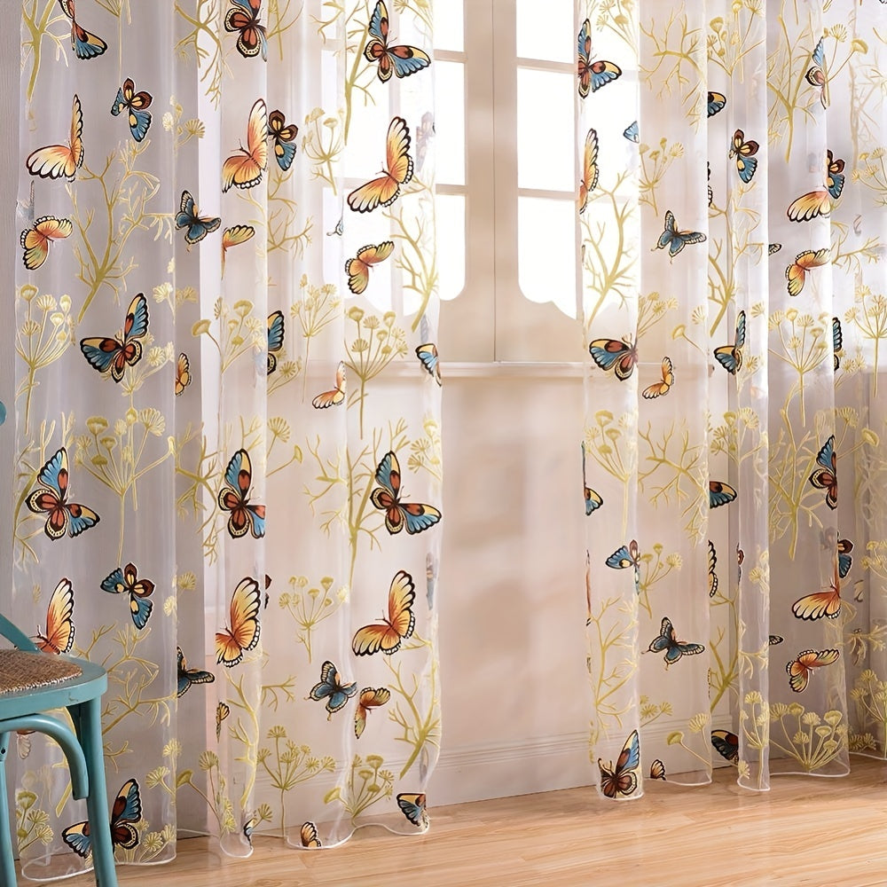 Butterfly Print Sheer Curtain Grommet Top Tulle Window Treatment for Bedroom Living Room