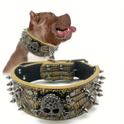 Leather Spiked Dog Collar with Bullet Rivets and Skull Design for Medium and Large Dogs