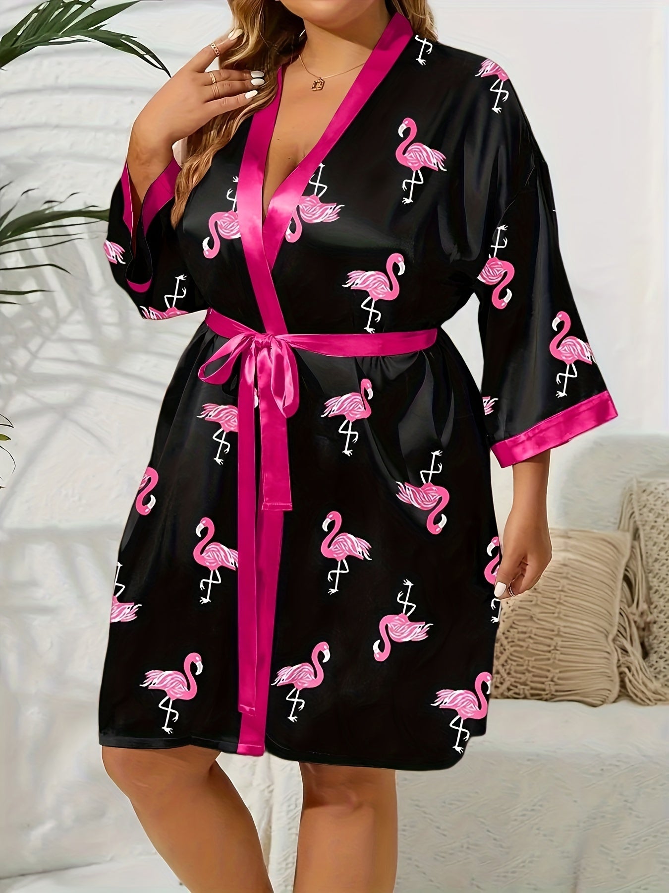 Plus Size Satin Robe Flamingo Print V-Neck Belted Dressing Gown 3/4 Sleeves