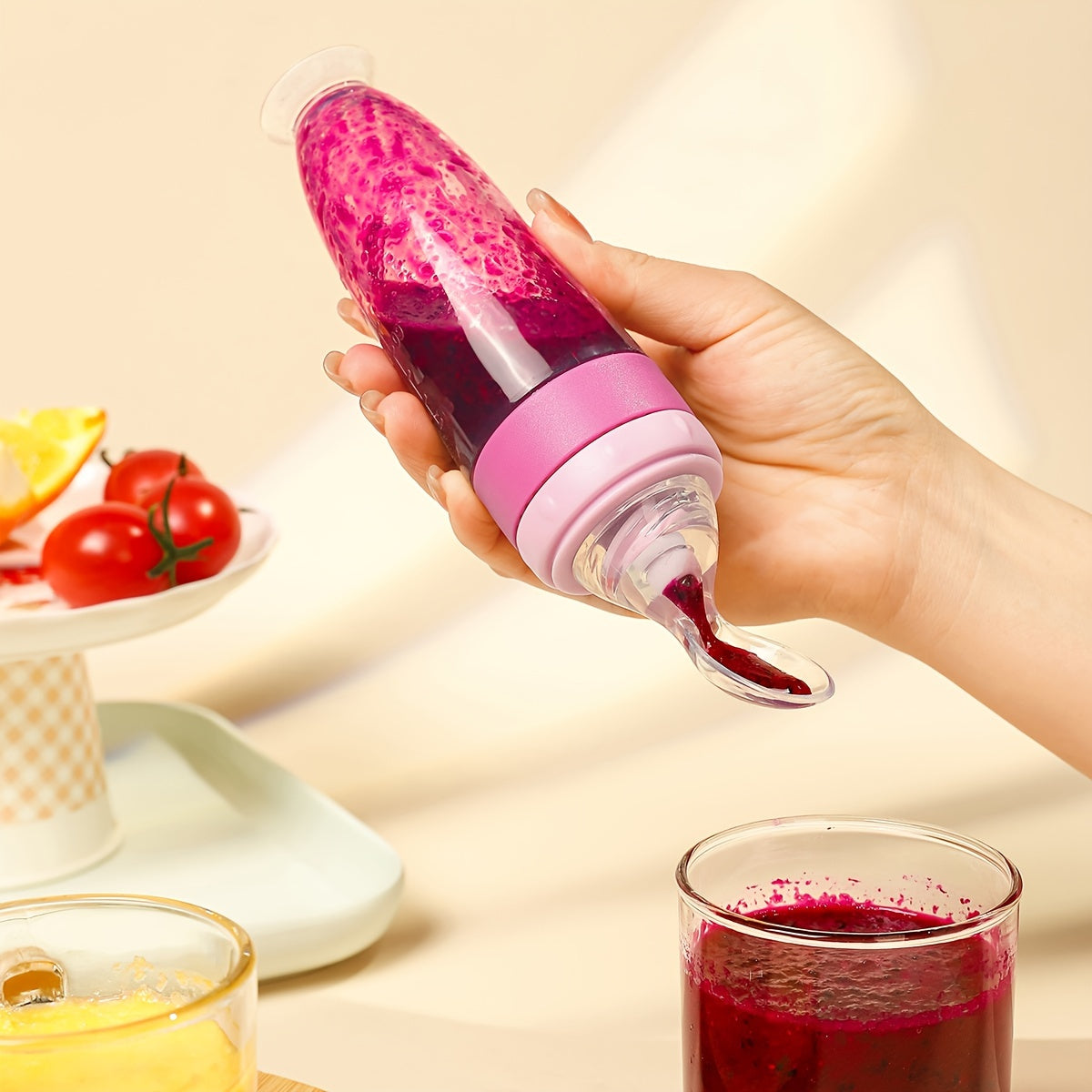 90ml Silicone Baby Feeding Bottle with Soft Spoon Head Self-Feeding Squeeze and Suction Cup in White Red Blue Yellow